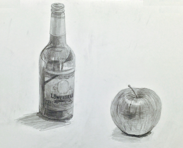 ガラス瓶とリンゴのデッサン