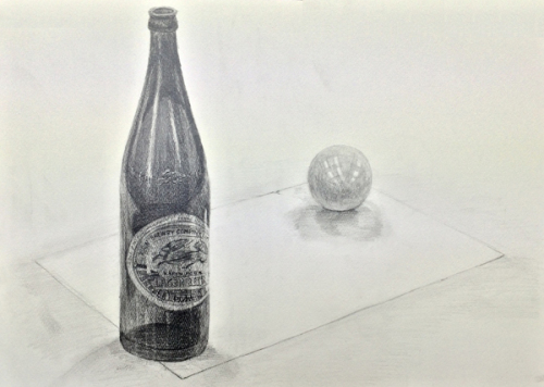 ビール瓶と球のデッサン