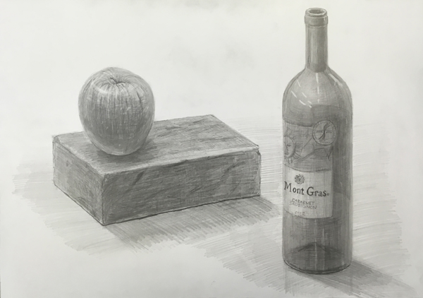 添削071：ワイン瓶、れんが、りんごのデッサン