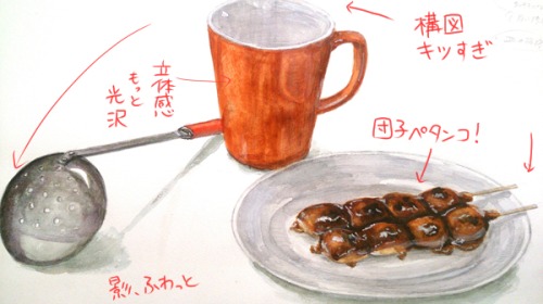 マグカップ、お玉、みたらし団子のデッサン