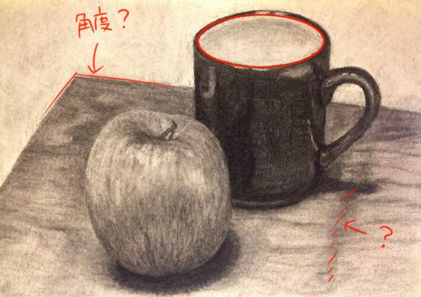添削076:リンゴとマグカップのデッサン