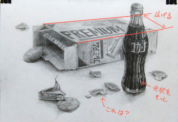 添削081: 瓶コーラ・お菓子の箱・ナビスコリッツ・6pチーズのデッサン