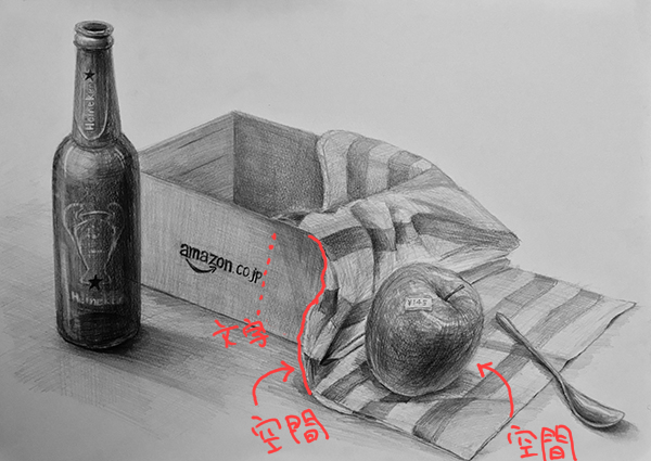 添削104：瓶・布・りんご・スプーン・箱のデッサン