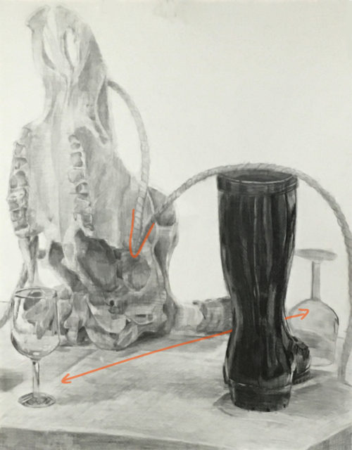 牛骨、長靴、麻縄、グラス、台のデッサン