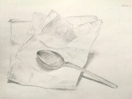 ステンレススプーンと紙袋のデッサン