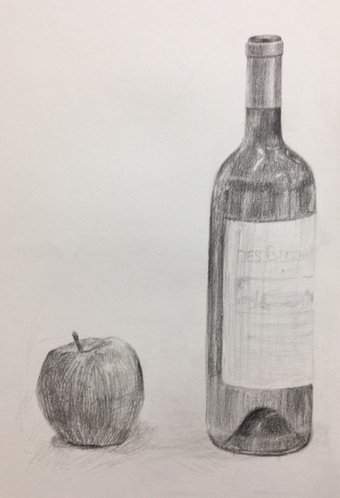 ワイン瓶とリンゴのデッサン