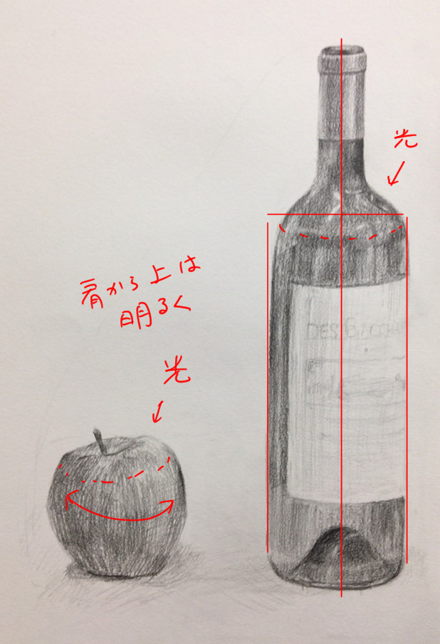 添削169:ガラス瓶(ワインボトル)とリンゴ(作り物)のデッサン
