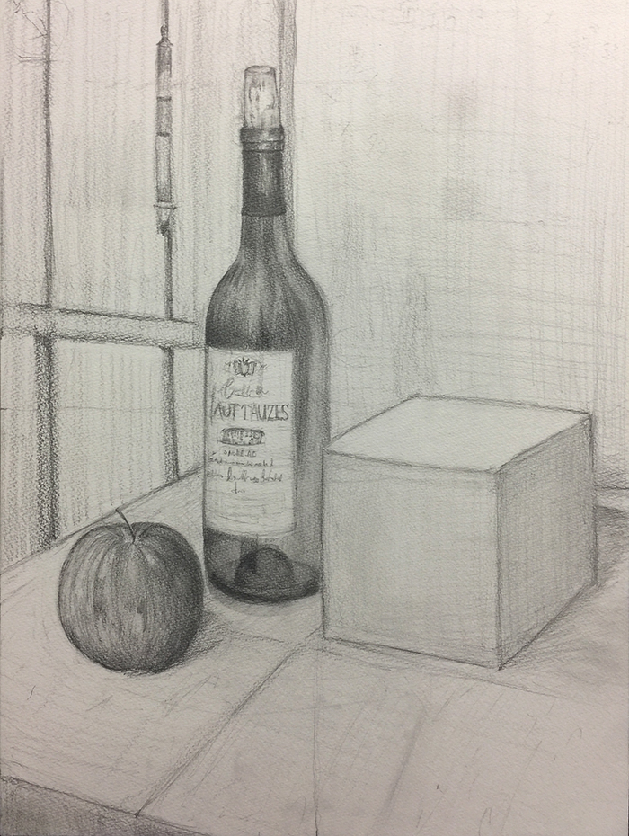 ワイン瓶・りんご・立方体のデッサン