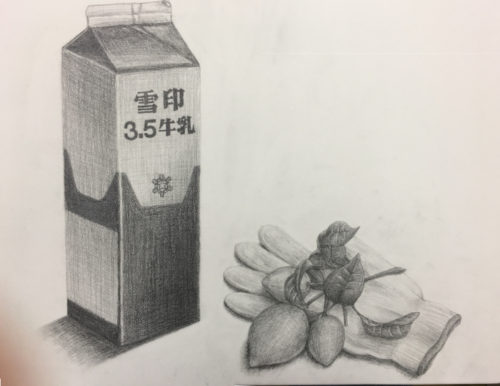 牛乳パック・軍手・レモンの置物のデッサン