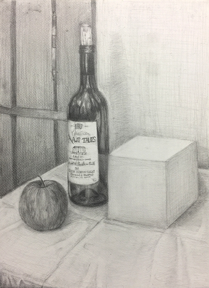 ワイン瓶・立方体・りんごのデッサン