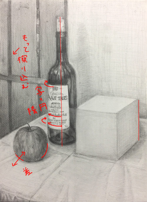 ワイン瓶・立方体・りんごのデッサン