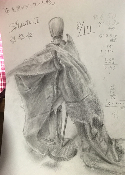 布を運ぶデッサン人形のデッサン