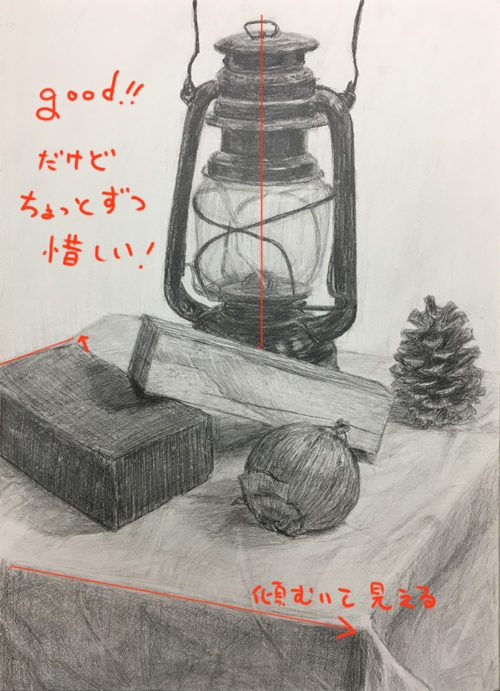 黒いランタン、赤茶のレンガ、角材、玉ねぎ、松ぼっくりのデッサン