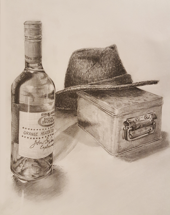 ワイン瓶とスチール缶と帽子のデッサン