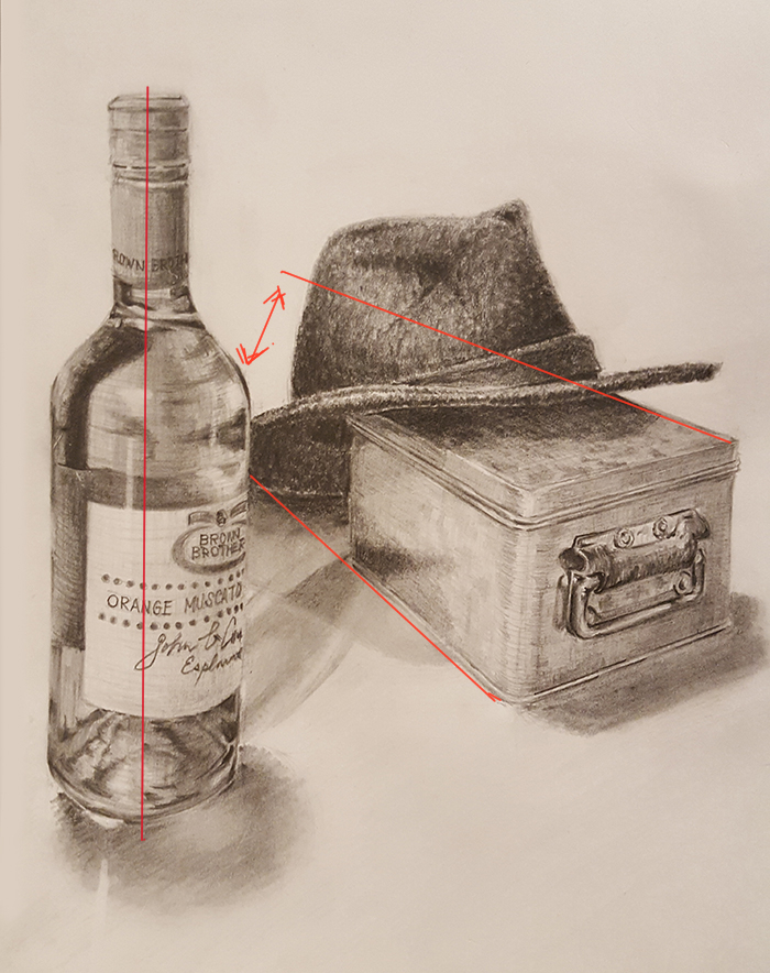 投稿269:ワイン瓶とスチール缶と帽子のデッサン
