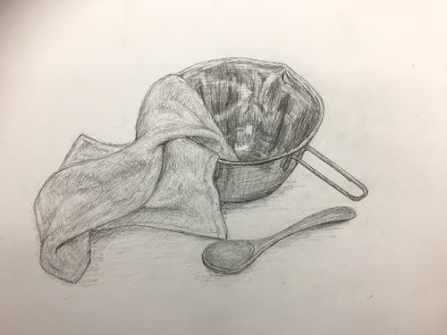 ボウル・木製スプーン・ハンカチのデッサン