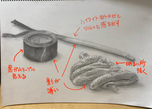 ネギとガムテープと手袋のデッサン
