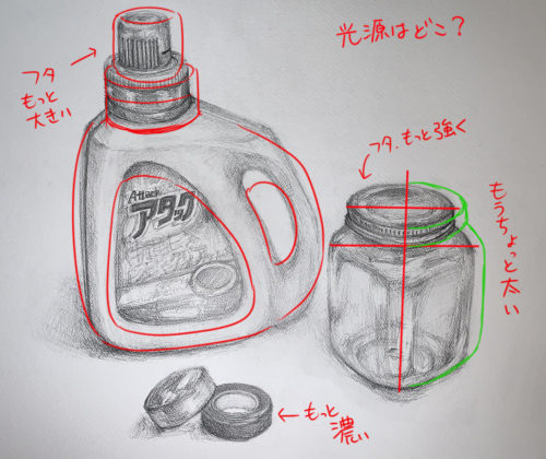 洗剤と瓶とマスキングテープのデッサン