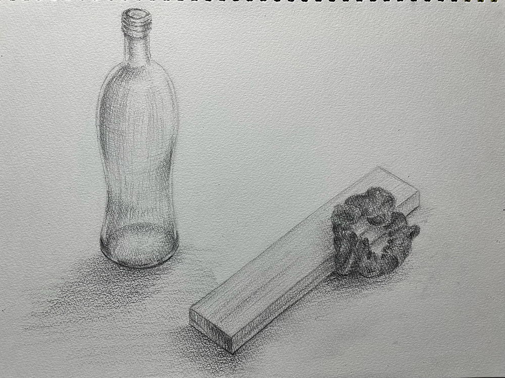 瓶と木材とシュシュのデッサン